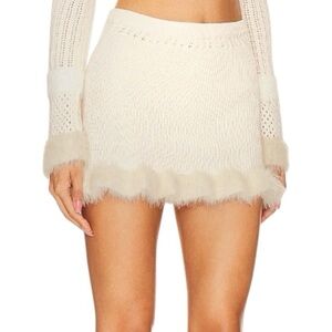 Lovers & Friends Savannah Skirt Sz M Ribbed Knit Mini Fuzzy Fur Trim Ivory Stret